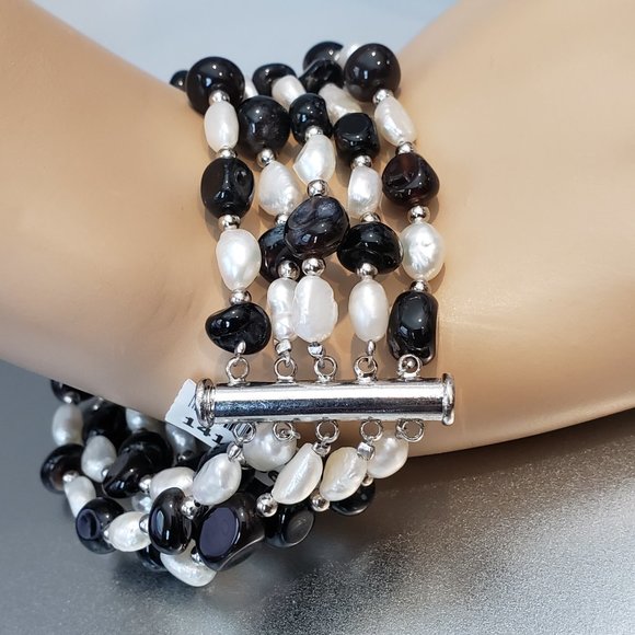 Black Onyx Akoya Freshwater Pearl Bracelet Silvertone 8" - Picture 1 of 8